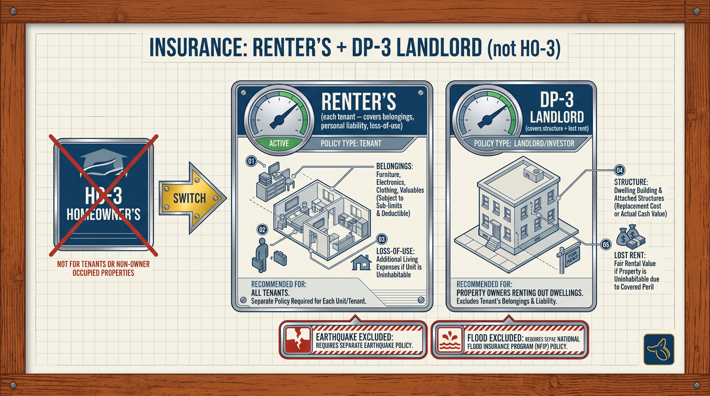 Insurance — Scenario A (rented out): renter's + DP-3 landlord