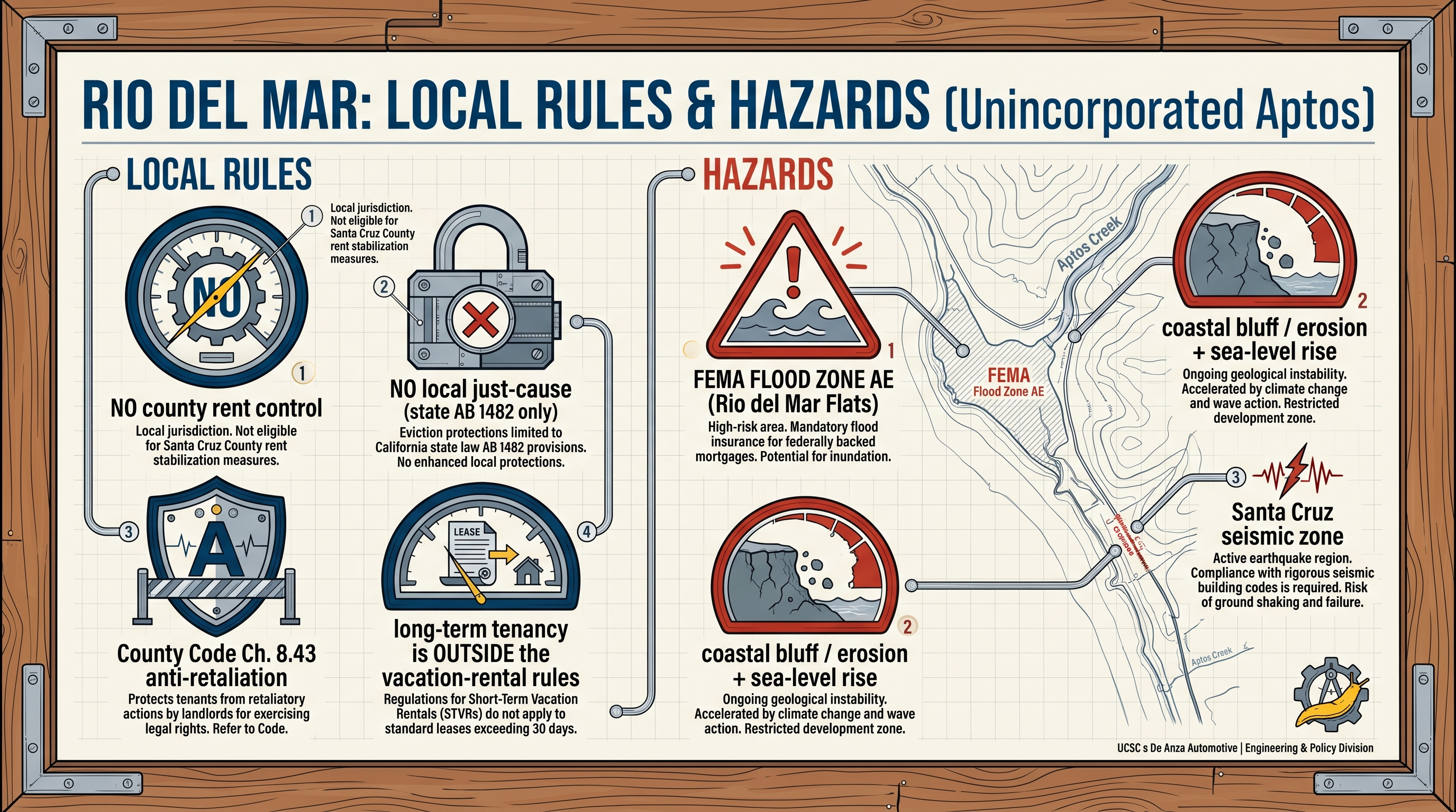 Rio del Mar — local rules & hazards (infographic)