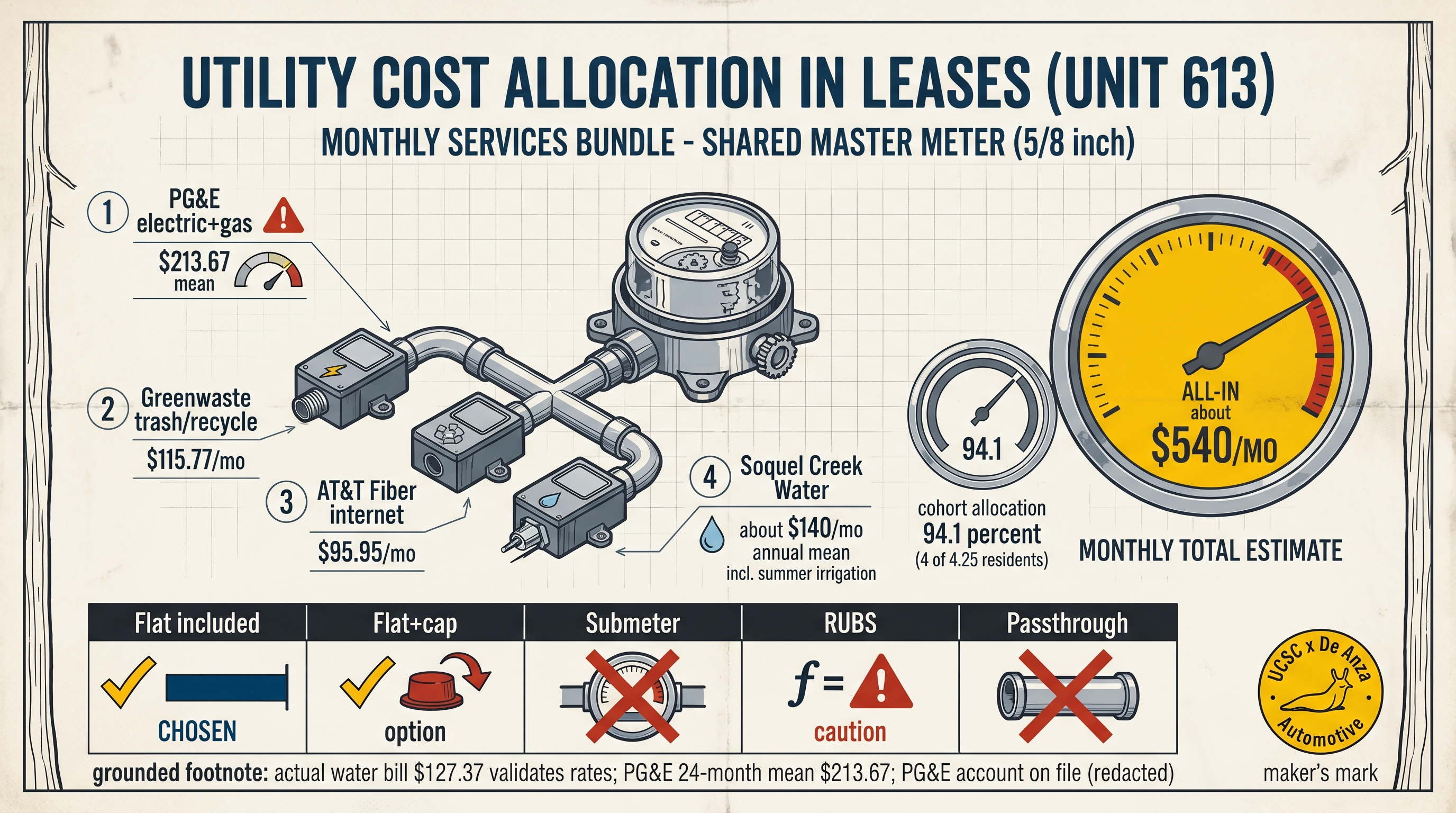 Utility Cost Allocation in Leases (PG&E 613) — UCSC × De Anza Automotive infographic